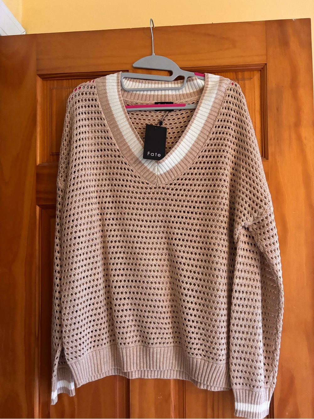 Fate Beige Open-Knit V-Neck Sweater with White Trim